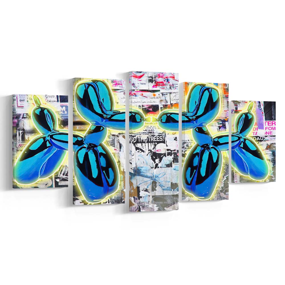 Blue Twin Balloon Dog Art Print, 5 Panel Mixed Canvas Print Wall Art, Home Decor, Neon Canvas