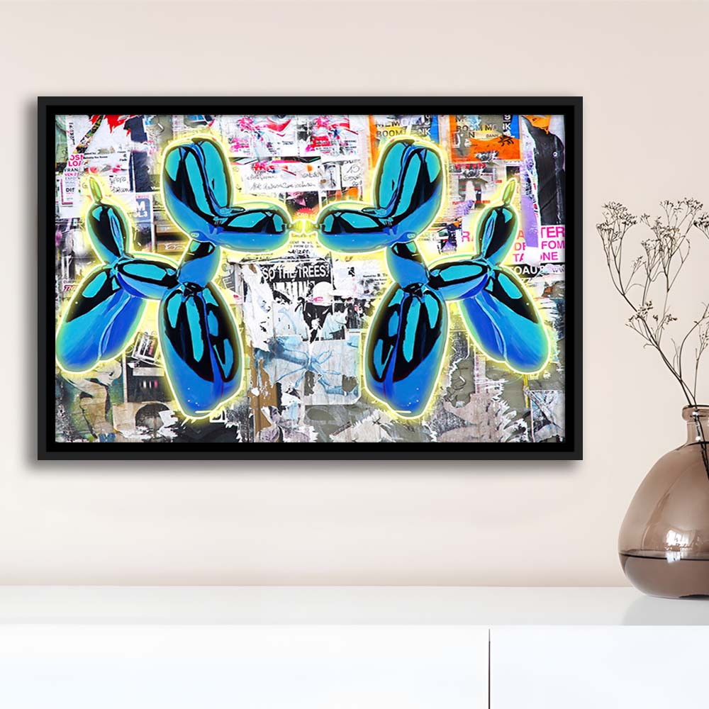 Blue Twin Balloon Dog Art Print, Framed Canvas Print Wall Art Decor, Floating Frame, Neon Effect Art