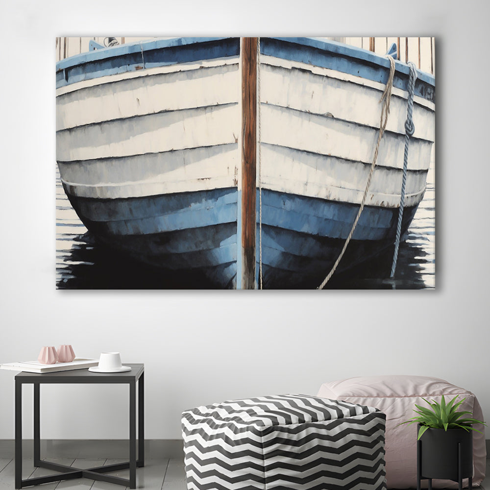 Blue White Rustic Boat Painting, Beach House, Nautical Decor, Extra Large, Canvas Print Wall Art, Wall Decor, Painting Canvas