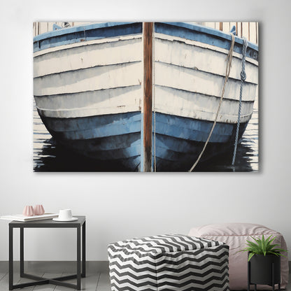 Blue White Rustic Boat Painting, Beach House, Nautical Decor, Extra Large, Canvas Print Wall Art, Wall Decor, Painting Canvas