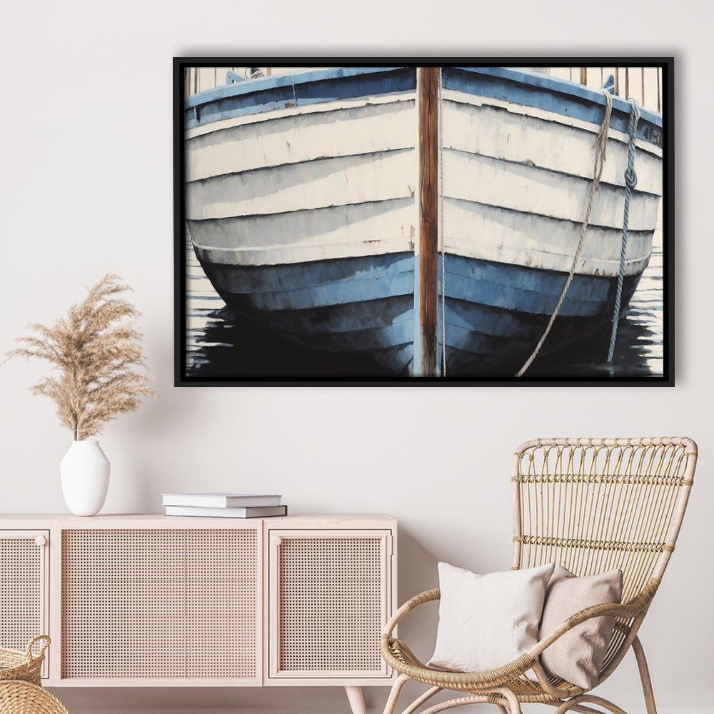 Blue White Rustic Boat Painting, Beach House, Nautical Decor, Extra Large, Framed Canvas Print Wall Art, Floating Frame
