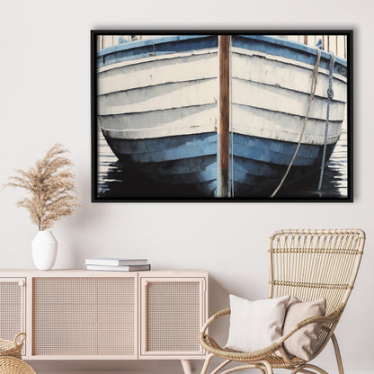 Blue White Rustic Boat Painting, Beach House, Nautical Decor, Extra Large, Framed Canvas Print Wall Art, Floating Frame