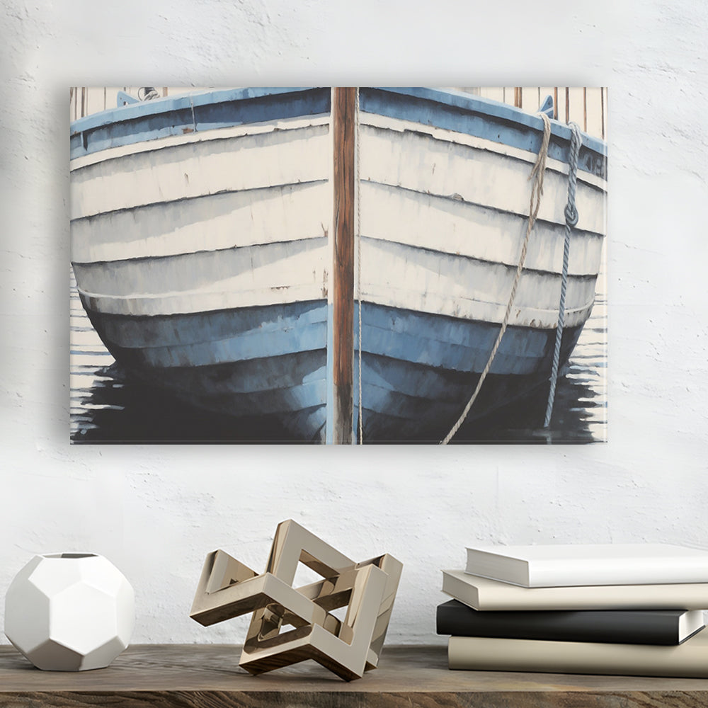 Blue White Rustic Boat Painting, Beach House, Nautical Decor, Extra Large, Canvas Print Wall Art, Wall Decor, Painting Canvas