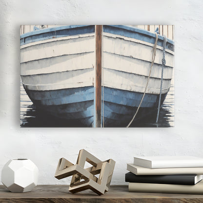 Blue White Rustic Boat Painting, Beach House, Nautical Decor, Extra Large, Canvas Print Wall Art, Wall Decor, Painting Canvas