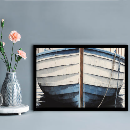 Blue White Rustic Boat Painting, Beach House, Nautical Decor, Extra Large, Framed Art Print Wall Decor, Picture Framed