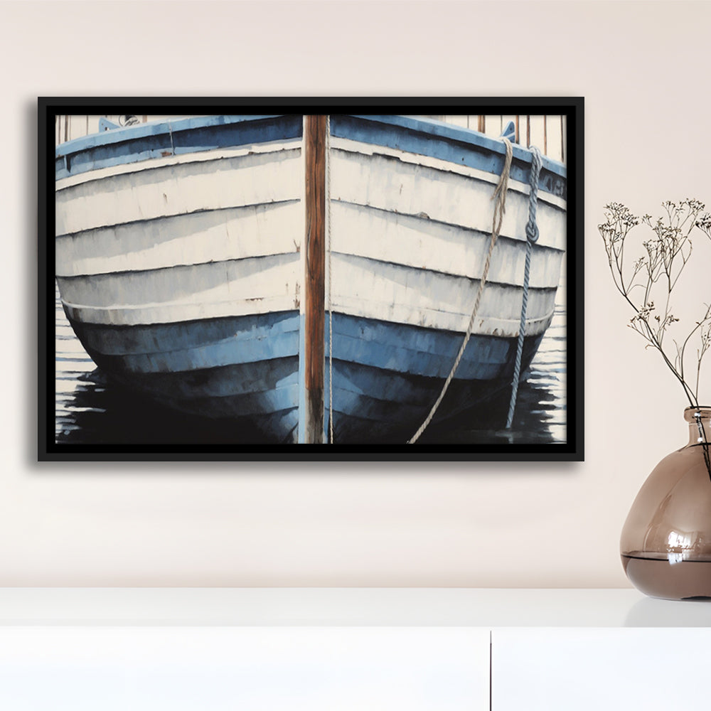 Blue White Rustic Boat Painting, Beach House, Nautical Decor, Extra Large, Framed Canvas Print Wall Art, Floating Frame