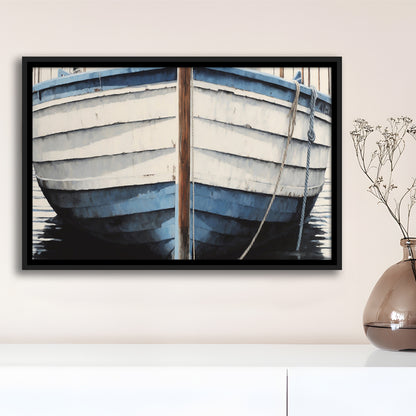 Blue White Rustic Boat Painting, Beach House, Nautical Decor, Extra Large, Framed Canvas Print Wall Art, Floating Frame
