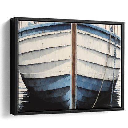 Blue White Rustic Boat Painting, Beach House, Nautical Decor, Extra Large, Framed Canvas Print Wall Art, Floating Frame