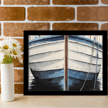 Blue White Rustic Boat Painting, Beach House, Nautical Decor, Extra Large, Framed Art Print Wall Decor, Picture Framed