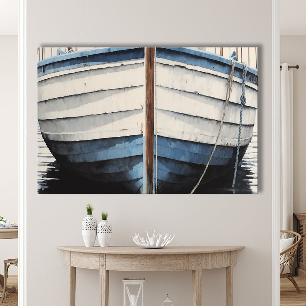 Blue White Rustic Boat Painting, Beach House, Nautical Decor, Extra Large, Canvas Print Wall Art, Wall Decor, Painting Canvas