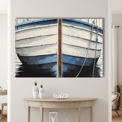 Blue White Rustic Boat Painting, Beach House, Nautical Decor, Extra Large, Canvas Print Wall Art, Wall Decor, Painting Canvas