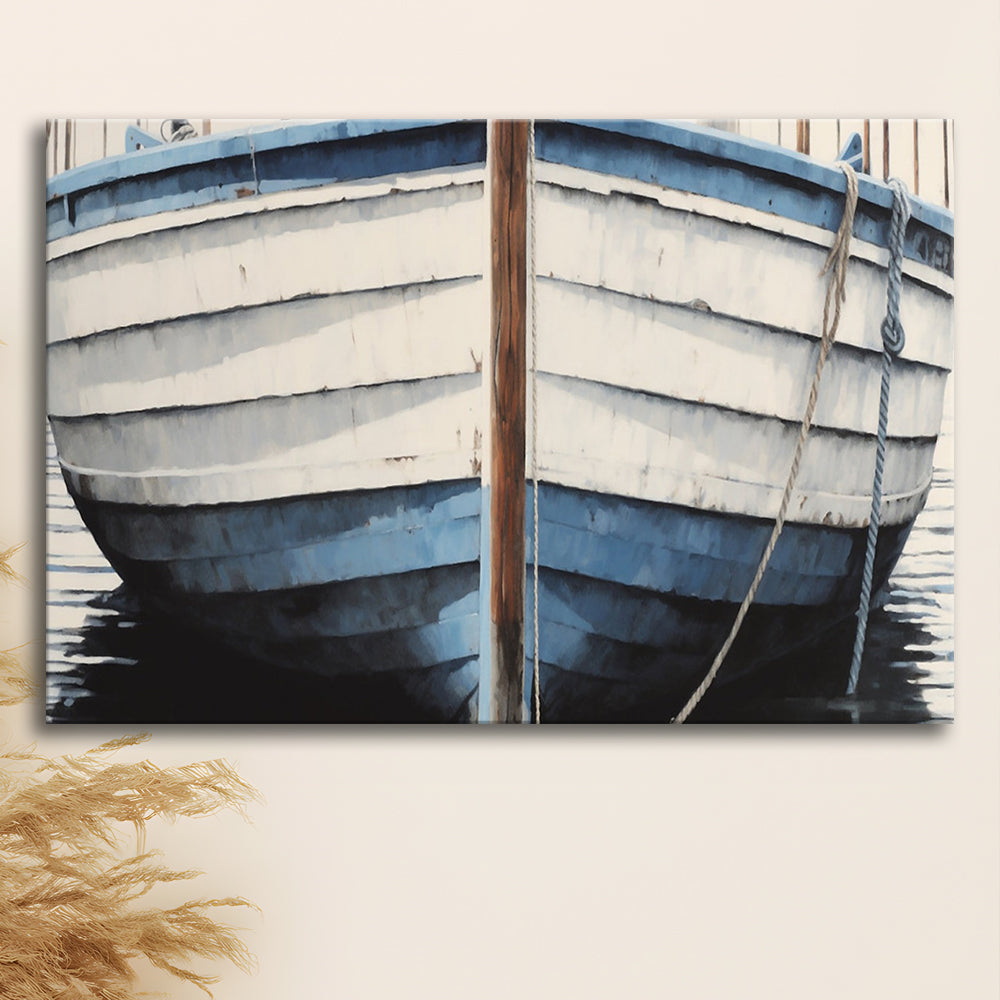 Blue White Rustic Boat Painting, Beach House, Nautical Decor, Extra Large, Canvas Print Wall Art, Wall Decor, Painting Canvas