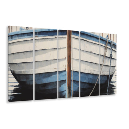 Blue White Rustic Boat Painting, Beach House, Nautical Decor, 5 Panel B Canvas Print Wall Art, Extra Large Canvas