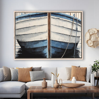 Blue White Rustic Boat Painting, Beach House, Nautical Decor, Extra Large, Framed Canvas Print Wall Art, Floating Frame