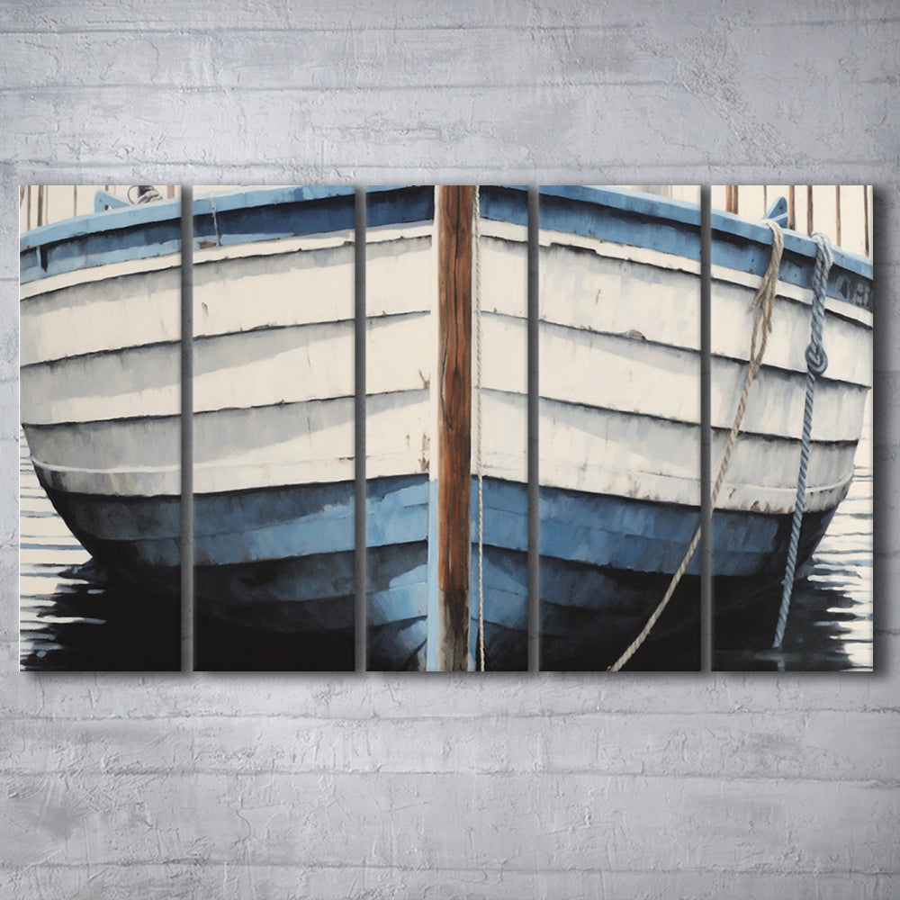 Blue White Rustic Boat Painting, Beach House, Nautical Decor, 5 Panel B Canvas Print Wall Art, Extra Large Canvas