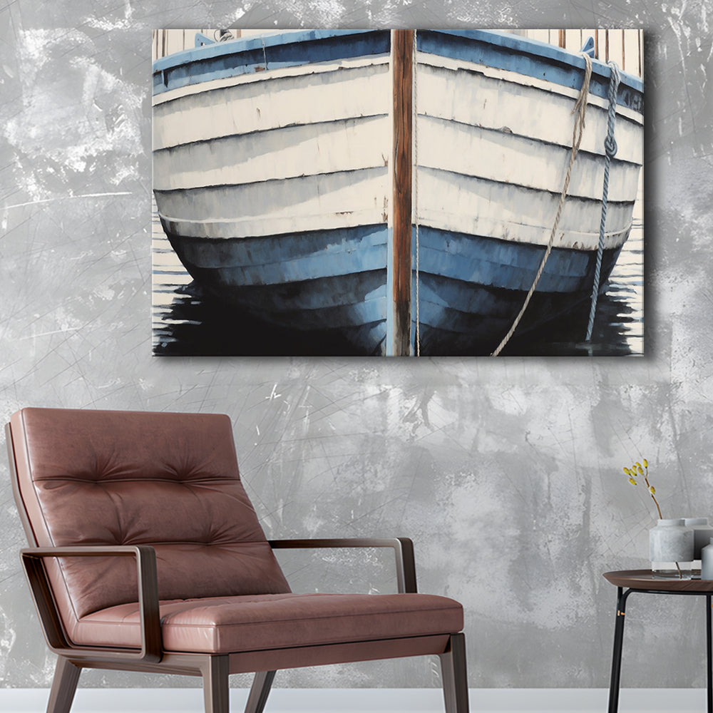 Blue White Rustic Boat Painting, Beach House, Nautical Decor, Extra Large, Canvas Print Wall Art, Wall Decor, Painting Canvas