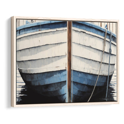 Blue White Rustic Boat Painting, Beach House, Nautical Decor, Extra Large, Framed Canvas Print Wall Art, Floating Frame