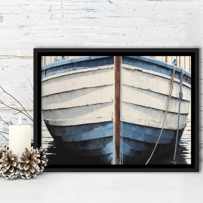 Blue White Rustic Boat Painting, Beach House, Nautical Decor, Extra Large, Framed Canvas Print Wall Art, Floating Frame