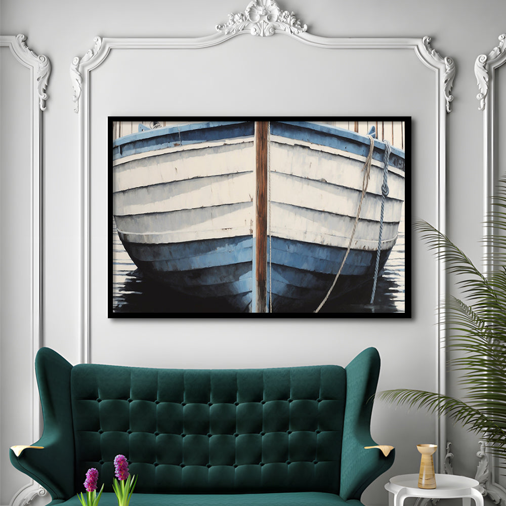 Blue White Rustic Boat Painting, Beach House, Nautical Decor, Extra Large, Framed Art Print Wall Decor, Picture Framed
