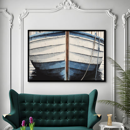 Blue White Rustic Boat Painting, Beach House, Nautical Decor, Extra Large, Framed Art Print Wall Decor, Picture Framed