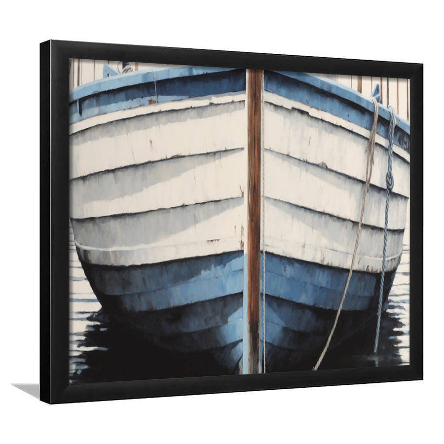 Blue White Rustic Boat Painting, Beach House, Nautical Decor, Extra Large, Framed Art Print Wall Decor, Picture Framed