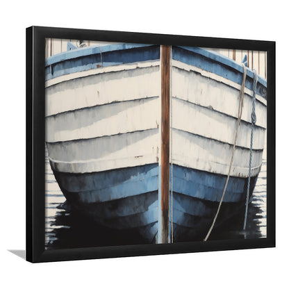Blue White Rustic Boat Painting, Beach House, Nautical Decor, Extra Large, Framed Art Print Wall Decor, Picture Framed