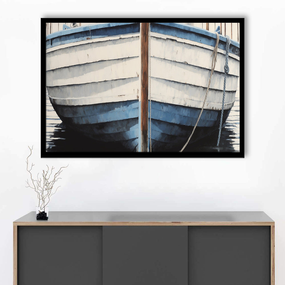 Blue White Rustic Boat Painting, Beach House, Nautical Decor, Extra Large, Framed Art Print Wall Decor, Picture Framed