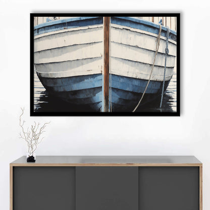 Blue White Rustic Boat Painting, Beach House, Nautical Decor, Extra Large, Framed Art Print Wall Decor, Picture Framed