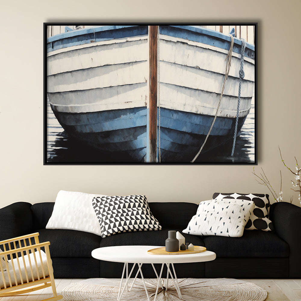 Blue White Rustic Boat Painting, Beach House, Nautical Decor, Extra Large, Framed Canvas Print Wall Art, Floating Frame