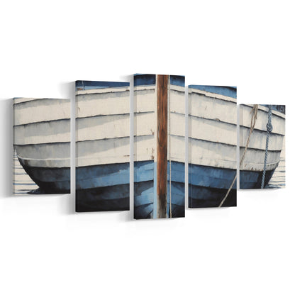 Blue White Rustic Boat Painting, Beach House, Nautical Decor, Extra Large, 5 Panel Mixed Canvas Print Wall Art, Large Canvas