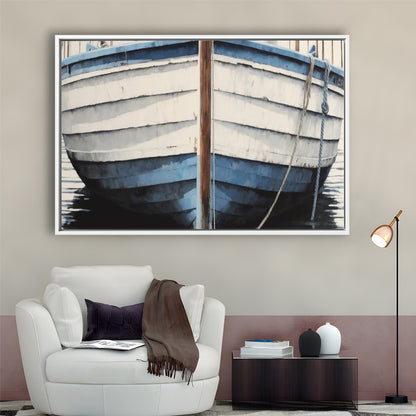 Blue White Rustic Boat Painting, Beach House, Nautical Decor, Extra Large, Framed Canvas Print Wall Art, Floating Frame