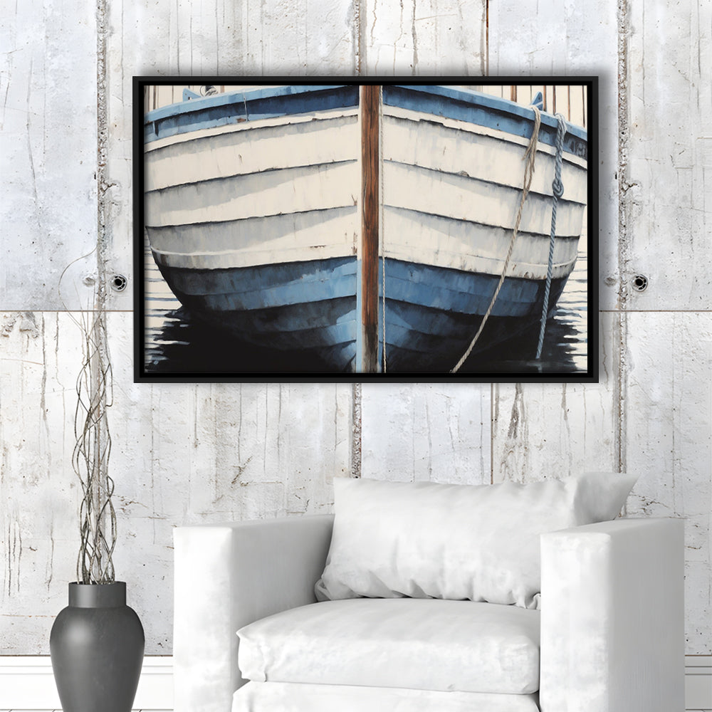 Blue White Rustic Boat Painting, Beach House, Nautical Decor, Extra Large, Framed Canvas Print Wall Art, Floating Frame