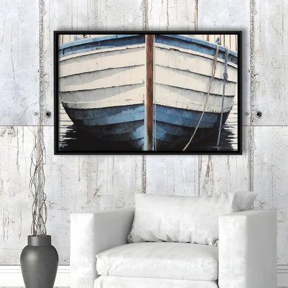 Blue White Rustic Boat Painting, Beach House, Nautical Decor, Extra Large, Framed Canvas Print Wall Art, Floating Frame