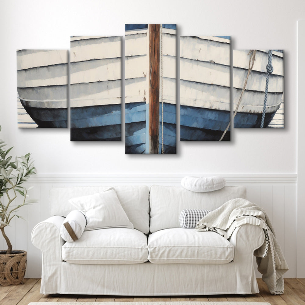 Blue White Rustic Boat Painting, Beach House, Nautical Decor, Extra Large, 5 Panel Mixed Canvas Print Wall Art, Large Canvas