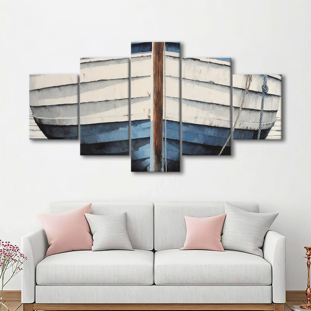 Blue White Rustic Boat Painting, Beach House, Nautical Decor, Extra Large, 5 Panel Mixed Canvas Print Wall Art, Large Canvas