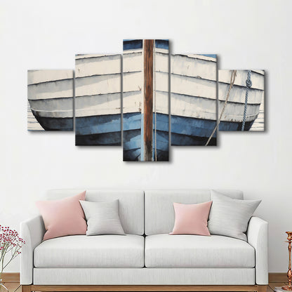 Blue White Rustic Boat Painting, Beach House, Nautical Decor, Extra Large, 5 Panel Mixed Canvas Print Wall Art, Large Canvas