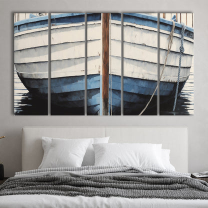 Blue White Rustic Boat Painting, Beach House, Nautical Decor, 5 Panel B Canvas Print Wall Art, Extra Large Canvas