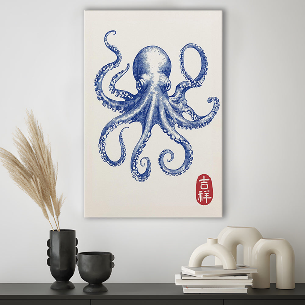 Blue Octopus Print, Trendy Wall Art, Aesthetic Wall Art, Octopus Art, Japanese Print, Gift Idea, Canvas Print, Canvas Decor