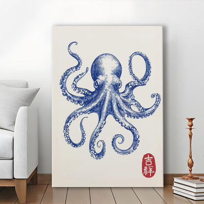 Blue Octopus Print, Trendy Wall Art, Aesthetic Wall Art, Octopus Art, Japanese Print, Gift Idea, Canvas Print, Canvas Decor