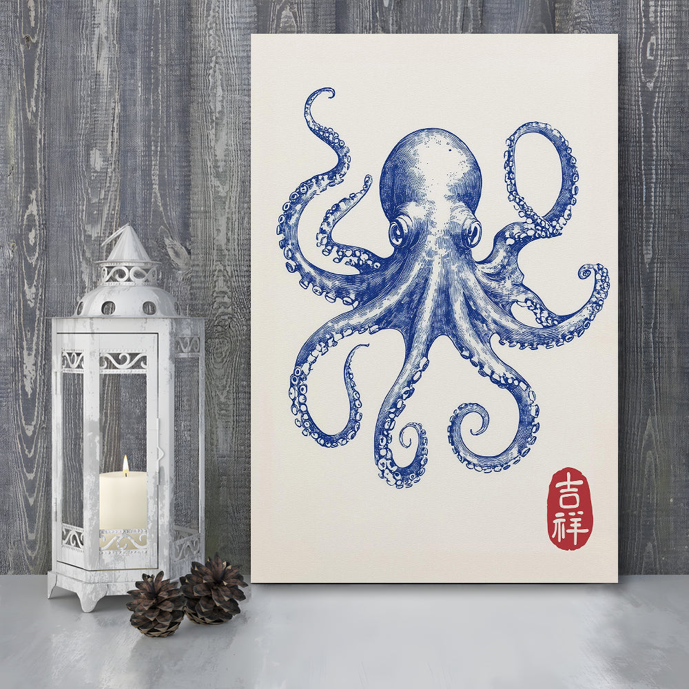 Blue Octopus Print, Trendy Wall Art, Aesthetic Wall Art, Octopus Art, Japanese Print, Gift Idea, Canvas Print, Canvas Decor