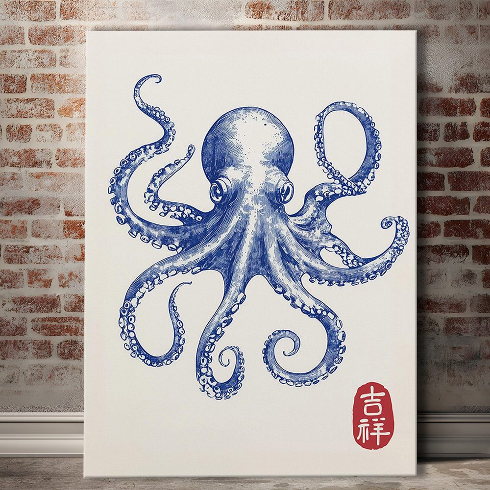 Blue Octopus Print, Trendy Wall Art, Aesthetic Wall Art, Octopus Art, Japanese Print, Gift Idea, Canvas Print, Canvas Decor