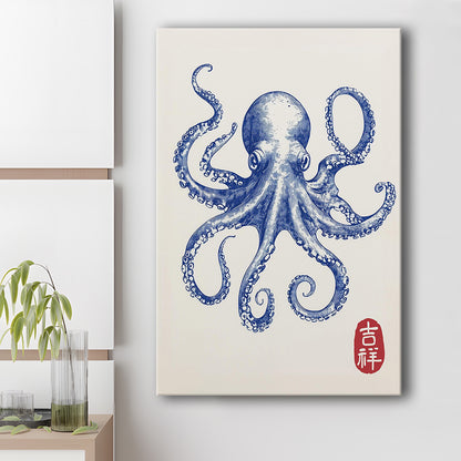 Blue Octopus Print, Trendy Wall Art, Aesthetic Wall Art, Octopus Art, Japanese Print, Gift Idea, Canvas Print, Canvas Decor