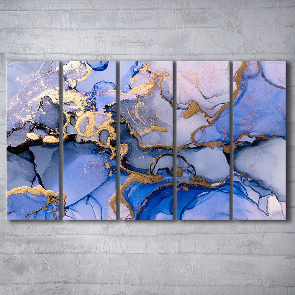 Blue purple gold Marble painting  Blue gold Abstract print, 5 Panel B Canvas Print Wall Art, Extra Large Canvas