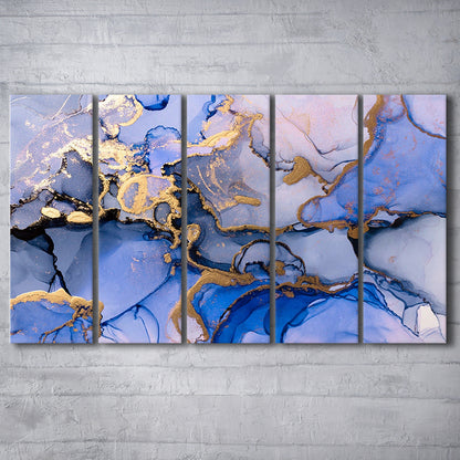 Blue purple gold Marble painting  Blue gold Abstract print, 5 Panel B Canvas Print Wall Art, Extra Large Canvas