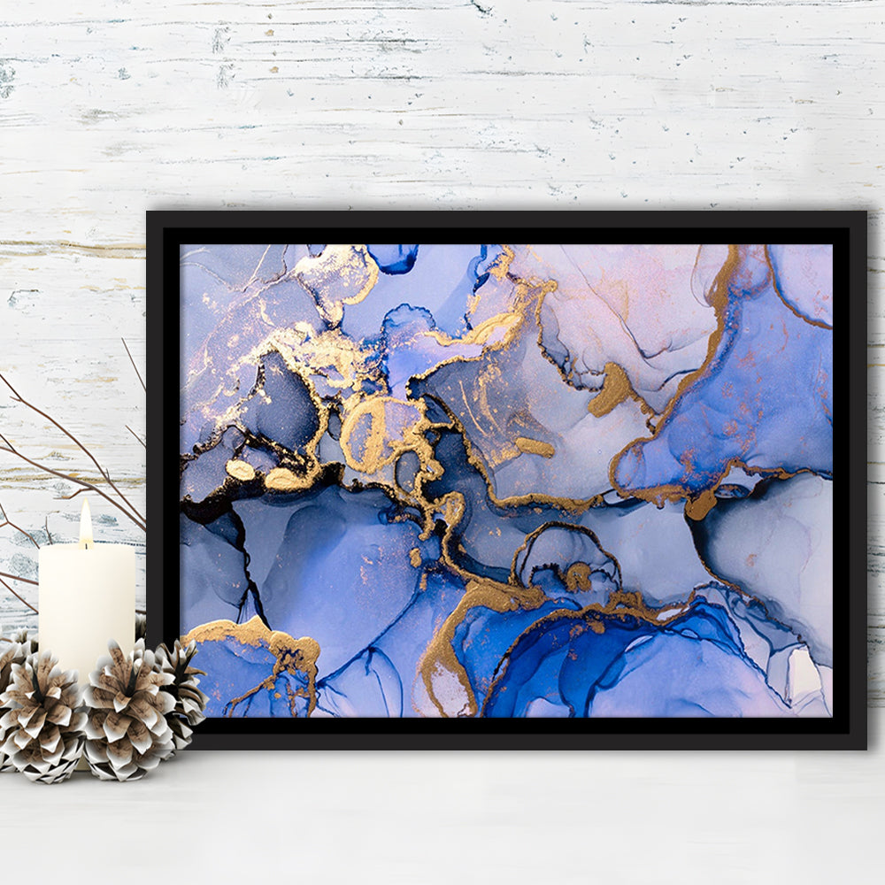 Blue Purple Gold Marble Painting  Blue Gold Abstract Print, Framed Canvas Print Wall Art, Floating Frame