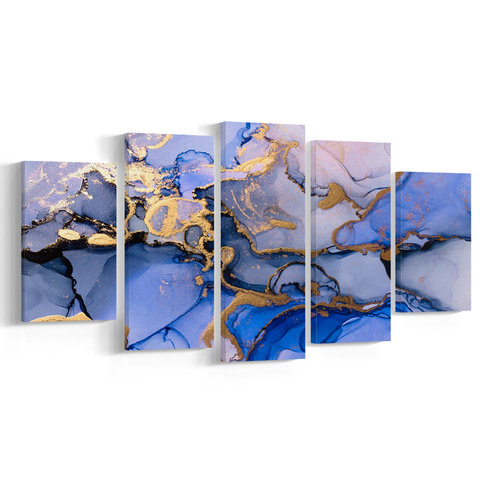 Blue purple gold Marble painting  Blue gold Abstract print, 5 Panel Mixed Canvas Print Wall Art, Large Canvas