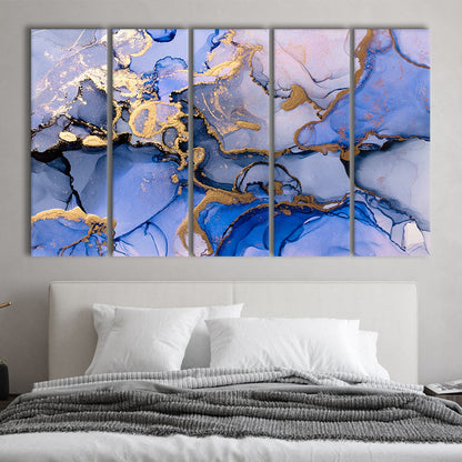 Blue purple gold Marble painting  Blue gold Abstract print, 5 Panel B Canvas Print Wall Art, Extra Large Canvas