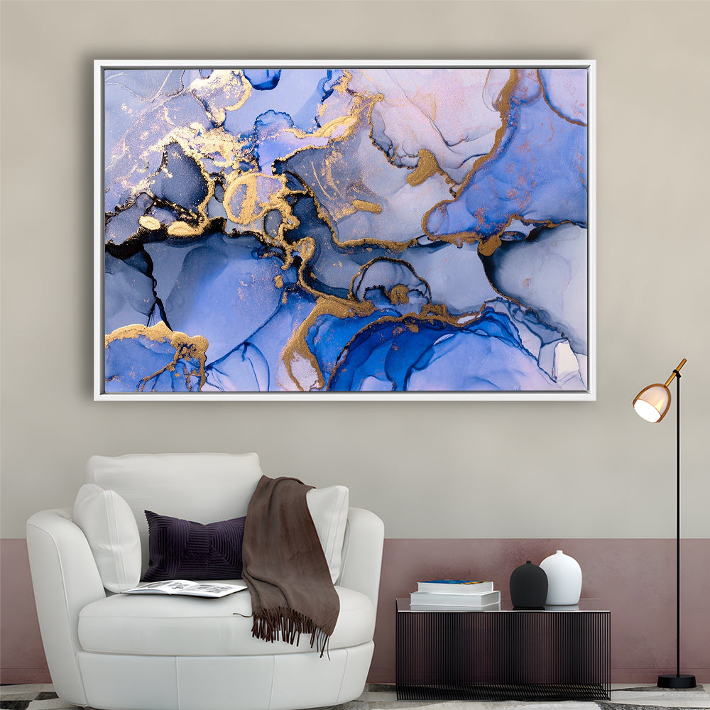 Blue Purple Gold Marble Painting  Blue Gold Abstract Print, Framed Canvas Print Wall Art, Floating Frame