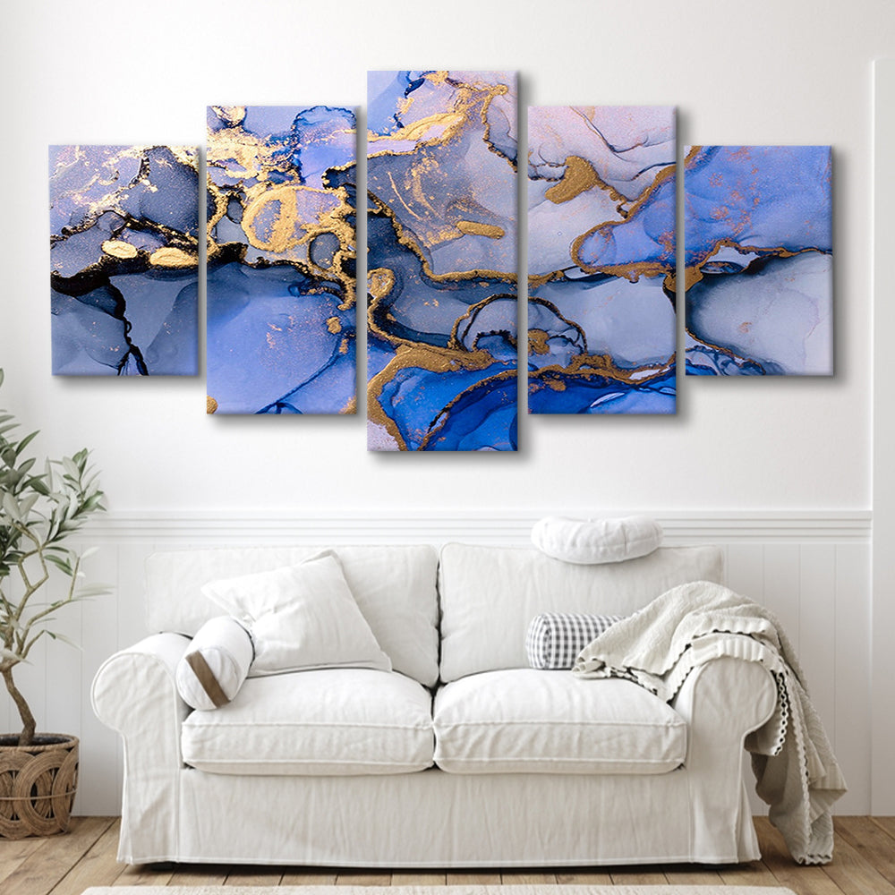 Blue purple gold Marble painting  Blue gold Abstract print, 5 Panel Mixed Canvas Print Wall Art, Large Canvas