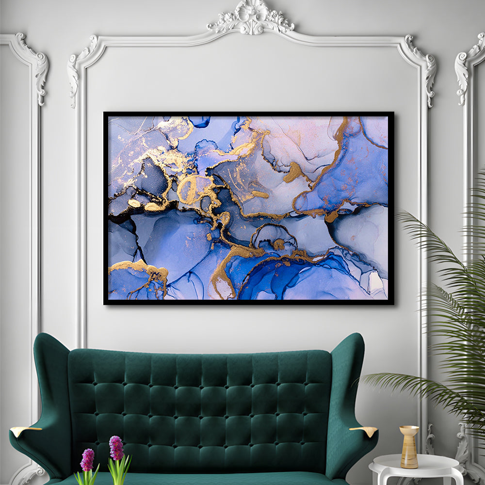 Blue purple gold Marble painting  Blue gold Abstract print, Framed Art Print Wall Decor, Picture Framed